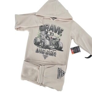 Monster Trucks 2 Piece Hoodie Jogger Set Kids Large 10/12 Tan Fleece Fall Comfy